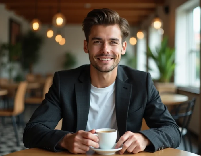 Acteur néerlandais en veste de costume anthracite assis dans un café moderne avec une tasse d'espresso, atmosphère détendue et contemporaine