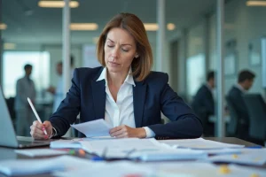 Administratrice hospitalière analysant des documents de réorganisation du service public dans un bureau moderne