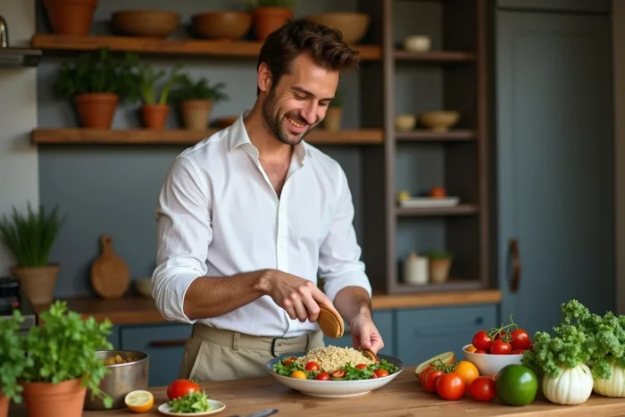 Homme préparant un bol de salade nutritive et colorée dans une cuisine en bois rustique pour une alimentation saine au quotidien