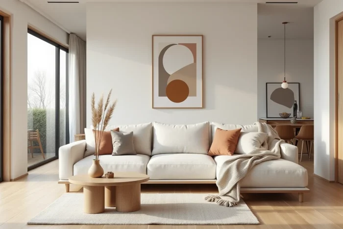 Salon scandinave minimaliste avec canapé en lin, parquet chêne et décoration tendance en pampa séché