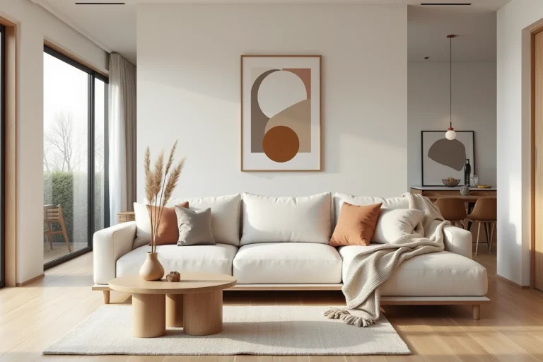 Salon scandinave minimaliste avec canapé en lin, parquet chêne et décoration tendance en pampa séché