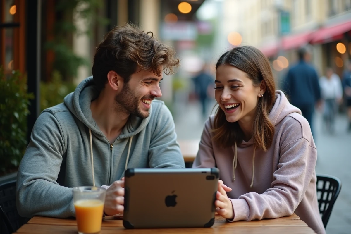 Deux amis regardant un match de football au café en riant