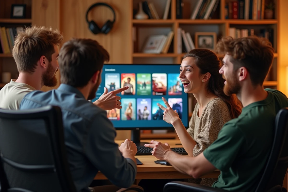 Trois amis rient et pointent vers un écran d