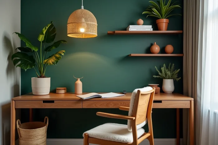 Bureau à domicile contemporain avec étagères en bois, plante monstera et décoration en rotin et boucle tendance