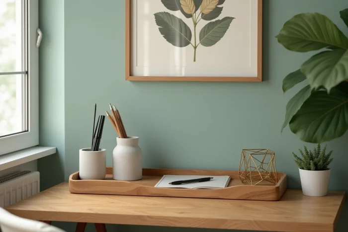 Bureau à domicile organisé avec des objets décoratifs uniques : plateau en bois d'olivier, porte-stylos en béton et cadre botanique