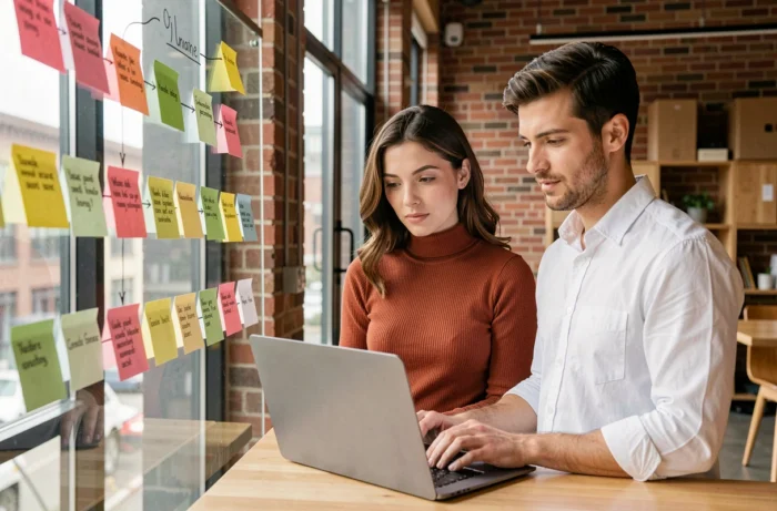 Deux collègues cartographiant la navigation d'un site web avec des post-it dans un espace de coworking urbain