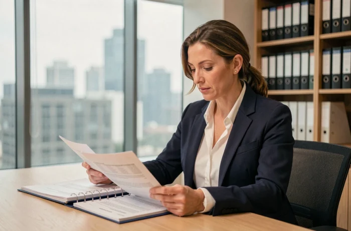 Comptable en entreprise analysant un contrat de capitalisation sur un bureau professionnel
