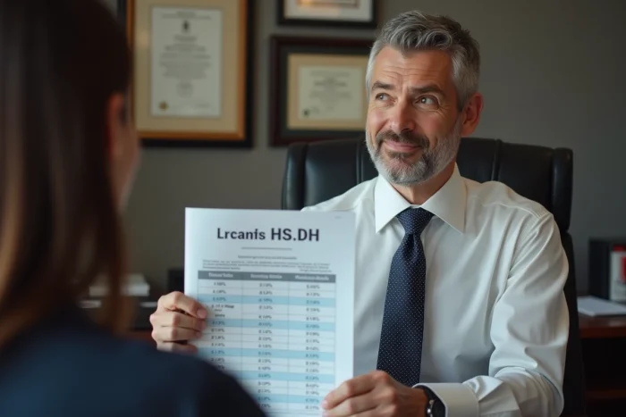 Conseiller bancaire présentant un tableau comparatif des taux de crédit immobilier à un client