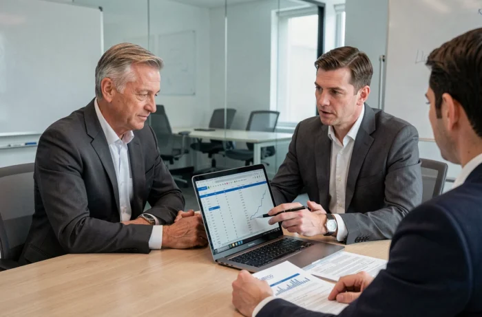 Conseiller financier expliquant la comptabilisation d'un contrat de capitalisation à un client en salle de réunion