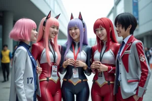 Groupe de cosplayers Darling in the Franxx dehors