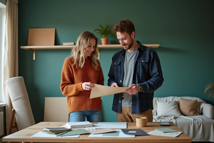 Couple choisissant des échantillons de peinture et de tissus pour la décoration intérieure d'un salon rénové