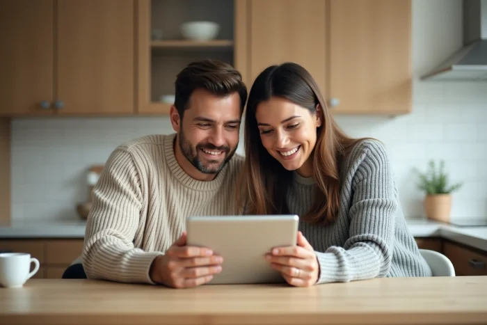 Couple consultant les taux de crédit immobilier sur une tablette dans une cuisine moderne