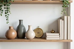 Étagère de salon décorée avec des objets uniques : vases en céramique, livres d'art et accessoires vintage dans un intérieur scandinave