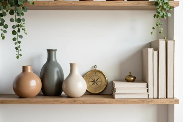 Étagère de salon décorée avec des objets uniques : vases en céramique, livres d'art et accessoires vintage dans un intérieur scandinave