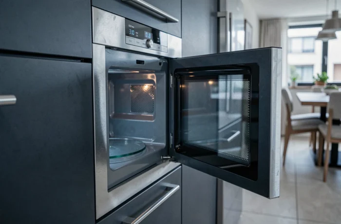 Panneau de commande et intérieur d'un four micro-ondes encastrable anthracite dans une cuisine contemporaine ouverte