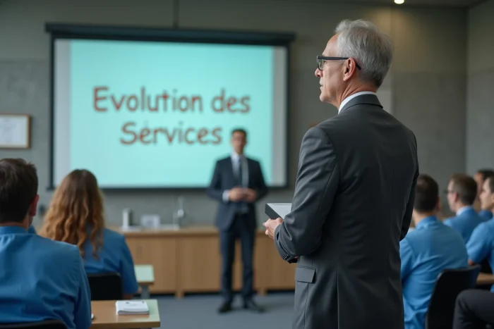 Directeur d'hôpital présentant des réformes organisationnelles lors d'une réunion interne du personnel soignant