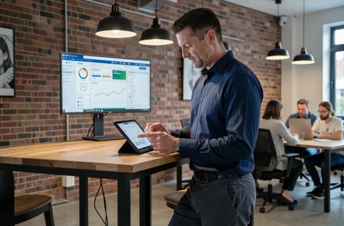 Entrepreneur masculin analysant des statistiques de vente en ligne dans un espace de coworking