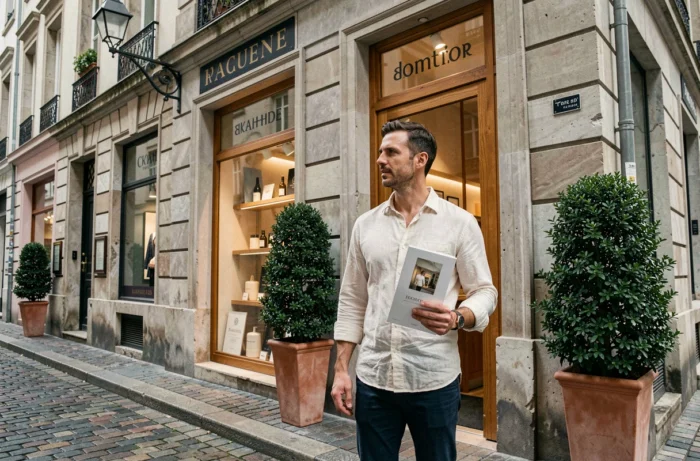 Entrepreneur masculin devant une boutique française à Lyon consultant un répertoire de marques pour 2026