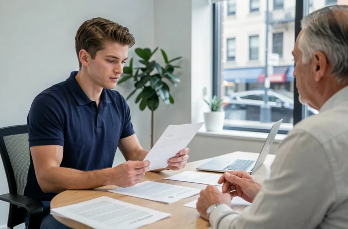 Jeune homme en entretien professionnel valorisant son expérience d'emploi saisonnier auprès d'un recruteur
