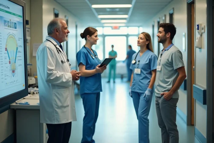 Équipe médicale discutant des nouvelles directives d'organisation dans un couloir d'hôpital public