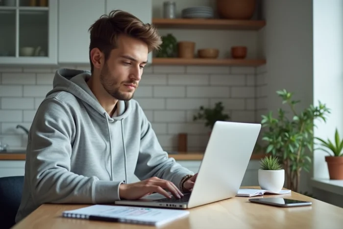 Étudiant recherchant les meilleurs prêts étudiants sur son ordinateur portable à domicile