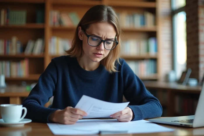 Étudiante comparant des offres de prêt étudiant dans une bibliothèque universitaire
