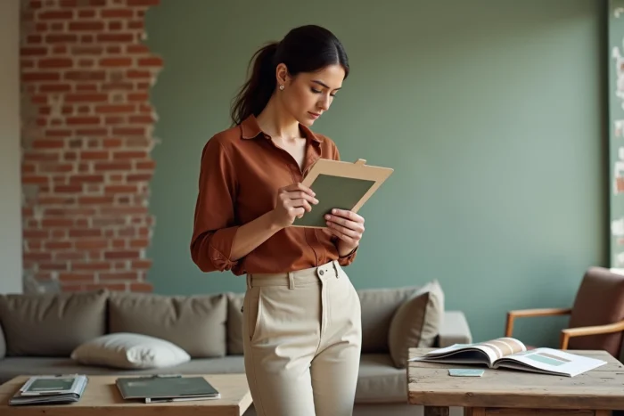 Femme tenant des échantillons de couleurs et un moodboard lors de la rénovation et l'aménagement de son intérieur