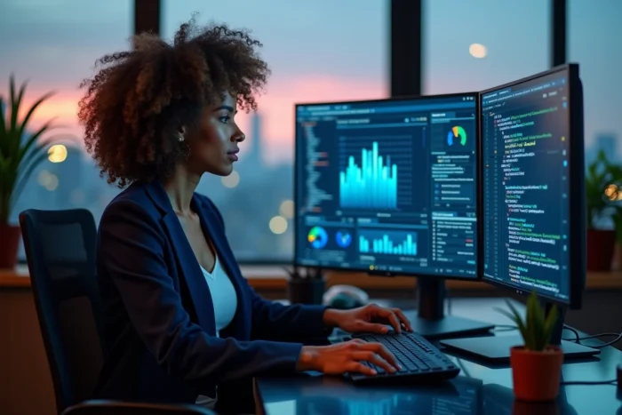 Femme développeuse analysant des données sur plusieurs écrans courbes dans un espace de coworking high-tech avec vue sur la ville