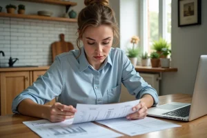 Jeune femme en cuisine examinant ses papiers de budget