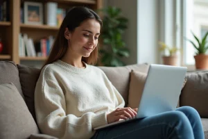 Femme détendue sur canapé avec ordinateur portable