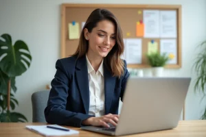 Femme en bureau moderne travaillant sur son ordinateur