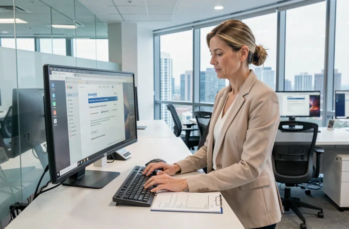 Femme professionnelle cherchant des solutions alternatives pour accéder à un site web inaccessible au bureau