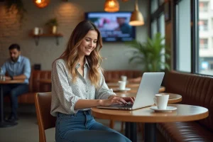 Jeune femme souriante utilisant un ordinateur portable dans un café moderne