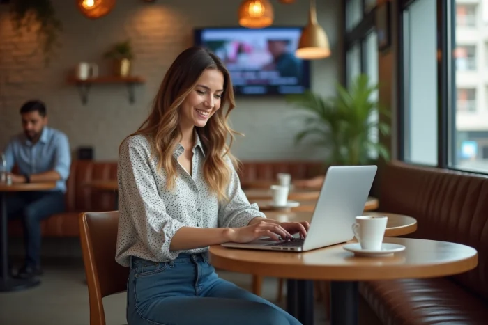 Jeune femme souriante utilisant un ordinateur portable dans un café moderne