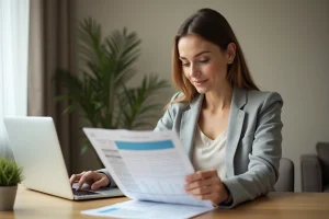 Femme analysant des documents de comparaison de taux de crédit immobilier dans un bureau moderne