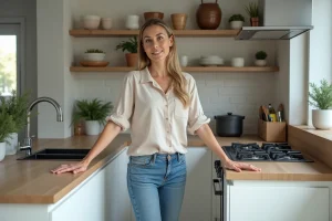 Femme en jeans dans une cuisine moderne entre évier et plaque