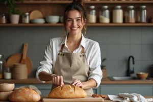 Femme souriante coupant un pain sans gluten dans la cuisine