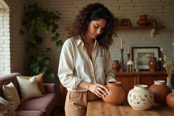 Femme arrangeant des objets décoratifs artisanaux sur un buffet en bois dans une salle à manger éclectique avec mur en briques