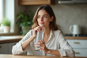 Femme buvant de l'eau minérale dans une cuisine lumineuse
