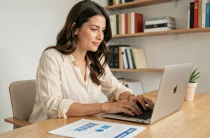 Femme entrepreneur travaillant sur son business en ligne depuis un bureau à domicile moderne