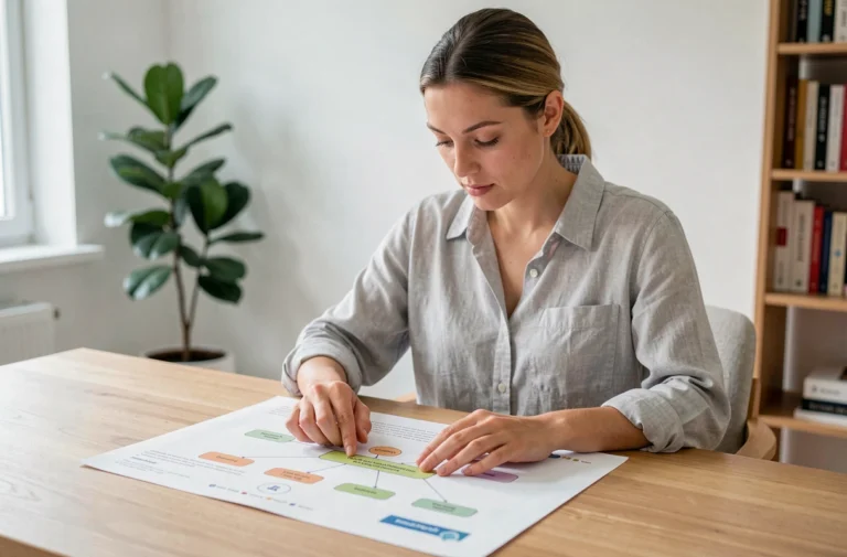 Femme étudiant la structure de navigation d'un site web sur un plan imprimé dans un bureau Scandinave