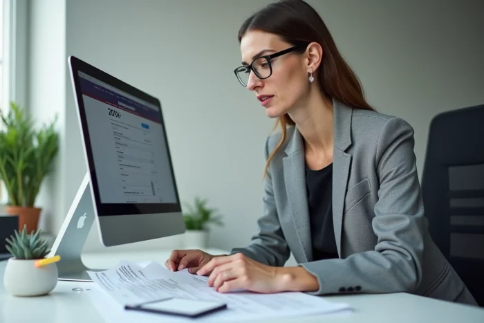 Femme comparant le formulaire 2044 imprimé avec le site impots.gouv.fr sur son écran d'ordinateur au bureau