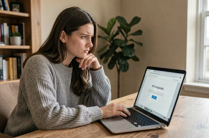 Jeune femme frustrée devant un écran d'ordinateur affichant une erreur d'accès à un site web