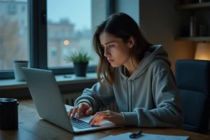 Jeune femme inquiète devant son ordinateur portable, illustrant les dangers de la vie privée sur les réseaux sociaux et les risques de fuite de données personnelles