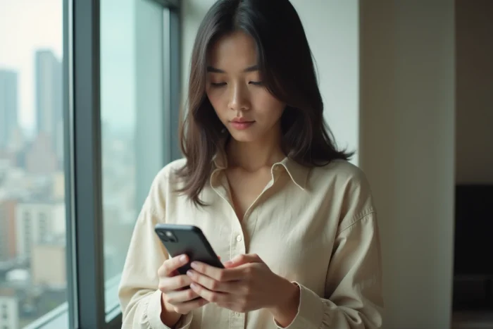 Femme tenant son téléphone et lisant un message SMS avec une expression interrogative