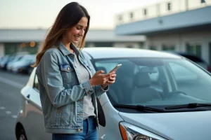 Femme souriante avec smartphone près d'une voiture de location