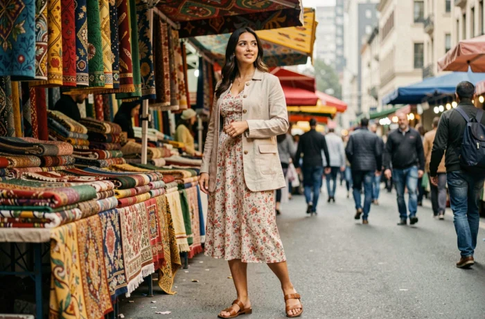 Femme d'origine moyen-orientale explorant un marché multiculturel coloré en ville