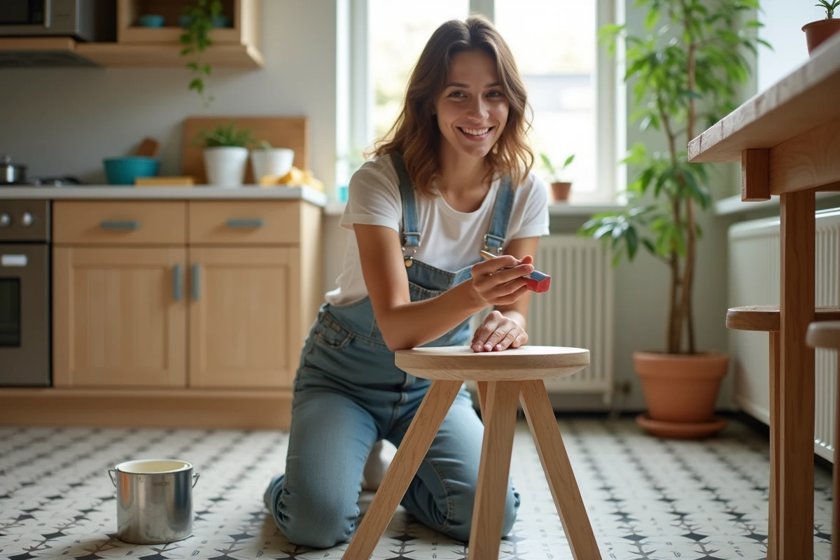 Femme peignant une chaise en bois dans la cuisine lumineuse