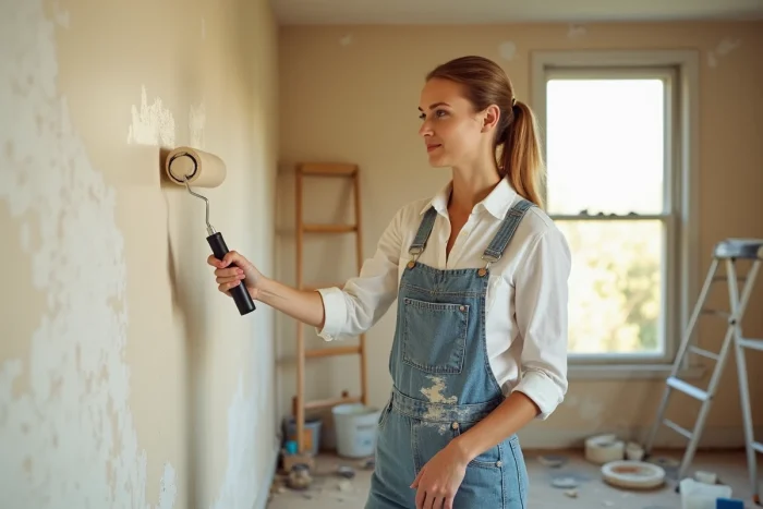 Femme en salopette appliquant de la peinture ivoire sur un mur en cours de rénovation intérieure