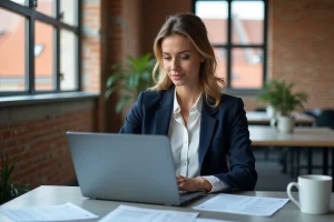 Femme consultant son CV sur un ordinateur portable dans un espace de coworking à Toulouse pour trouver un emploi en Occitanie